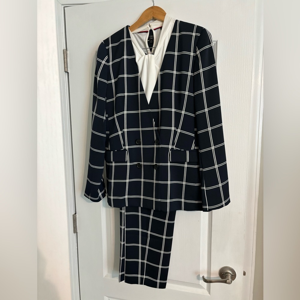 J. Crew Navy Windowpane Double-Breasted Blazer & Pants Set